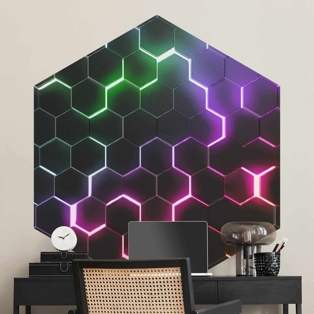 Mønstret tapeter Hexagonal Pattern With Neon Light