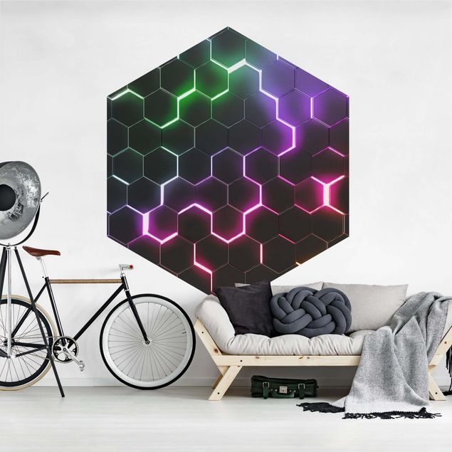 Sort tapet Hexagonal Pattern With Neon Light