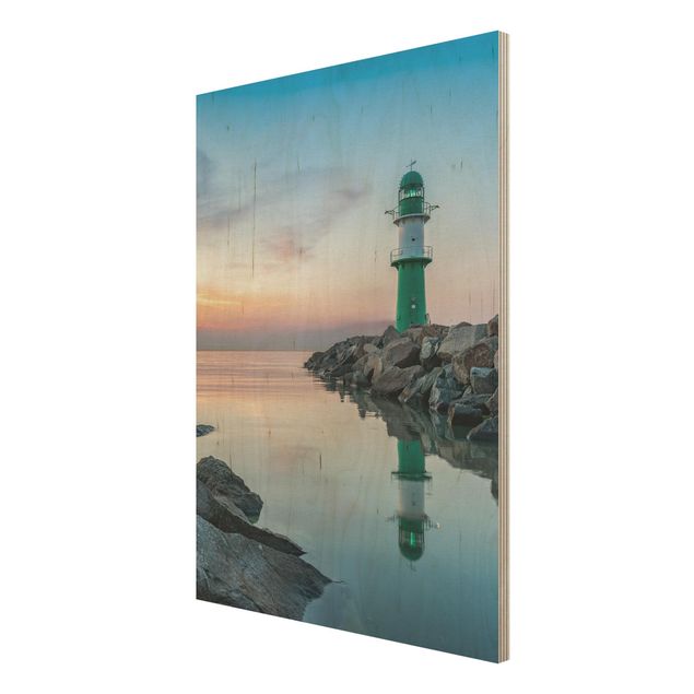 Prints på træ strande Sunset at the Lighthouse