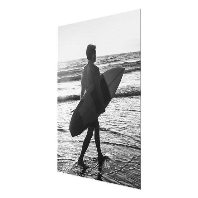 Glasbilleder sort og hvid Surfer Boy At Sunset