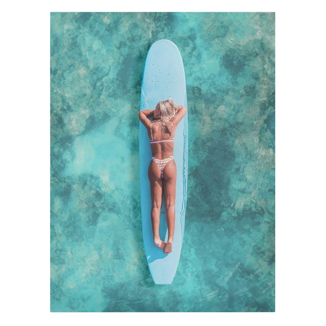 Billeder på lærred strande Surfer Girl With Blue Board