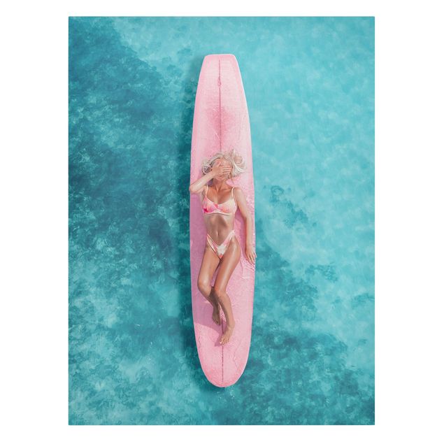 Billeder på lærred strande Surfer Girl With Pink Board