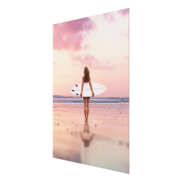 Billeder natur Surfer Girl With Board At Sunset