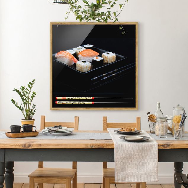 Billeder kunsttryk Sushi With Chop Sticks Black