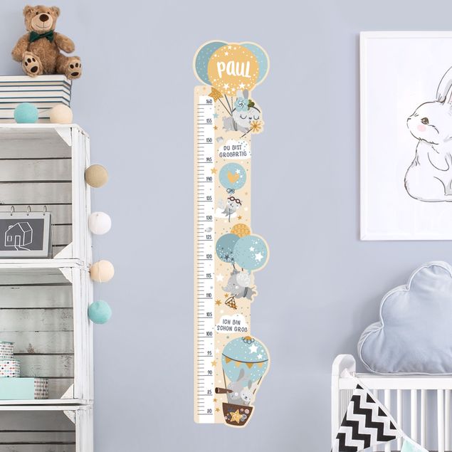 Wallstickers målestave Animals In Balloons With Customised Name Blue