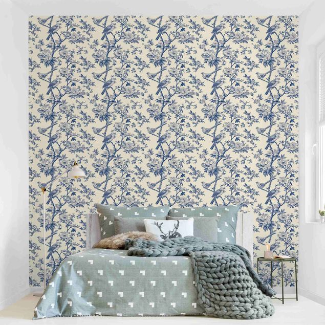 Tapet blomster Toile Sparrows And Dog Roses
