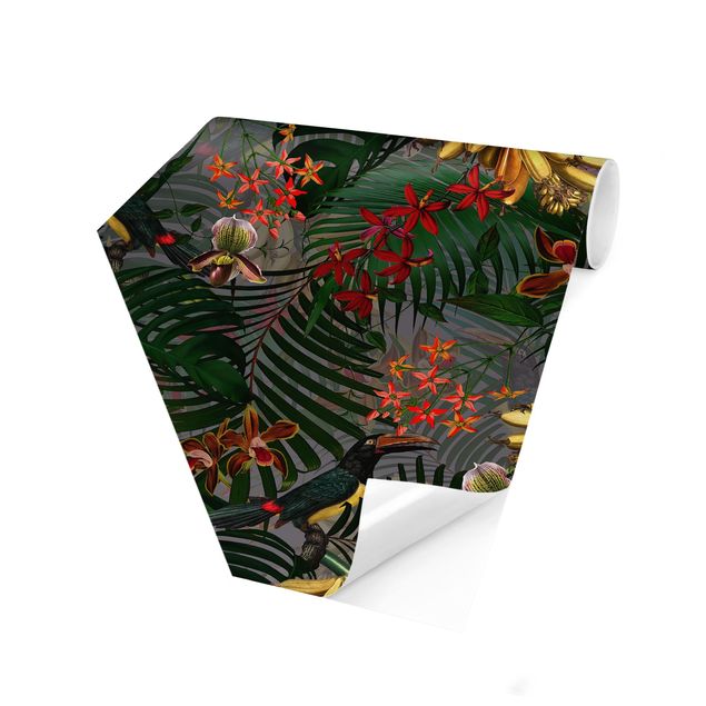 Moderne tapet Tropical Ferns With Tucan Green