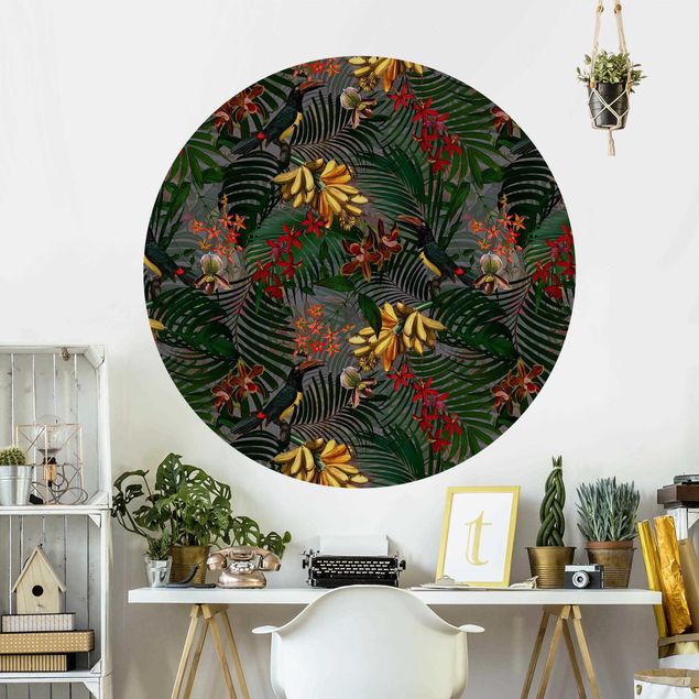 Tapet fugle Tropical Ferns With Tucan Green