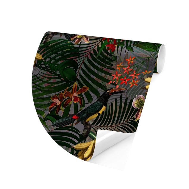 Tapet blomster Tropical Ferns With Tucan Green