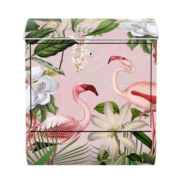 Postkasser dyr Tropical Flamingos With Plants In Pink