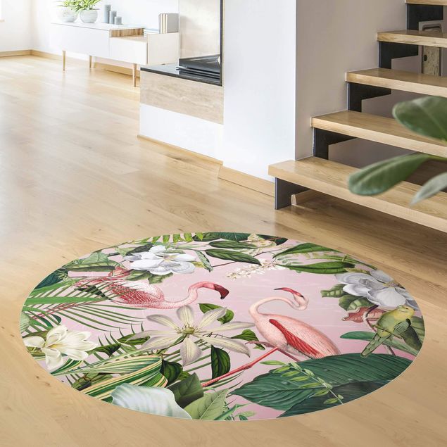 moderne gulvtæppe Tropical Flamingos With Plants In Pink