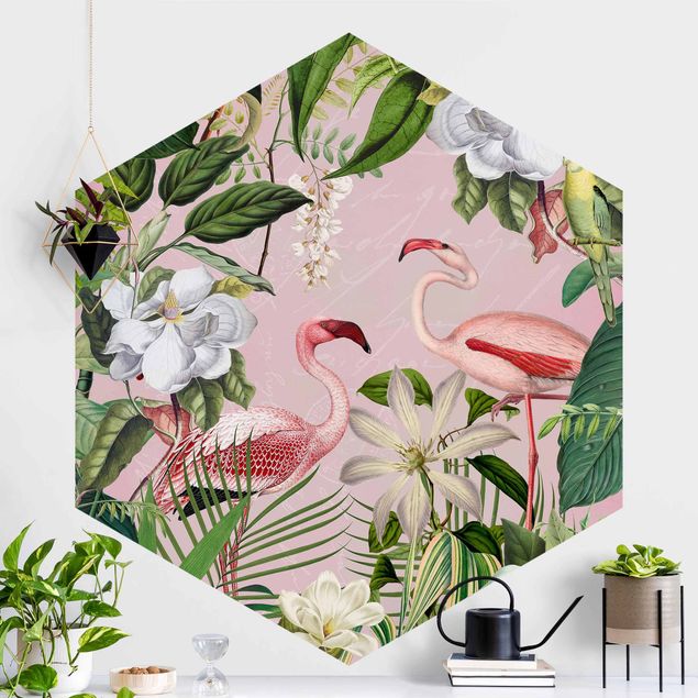 Flamingo tapet Tropical Flamingos With Plants In Pink