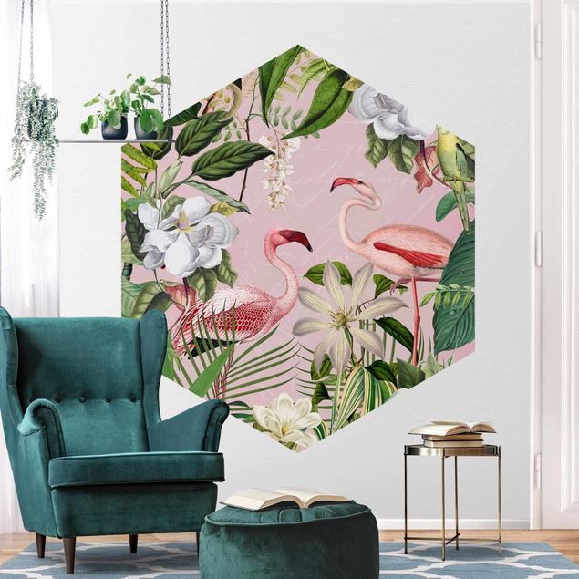 Tapet med fugle Tropical Flamingos With Plants In Pink