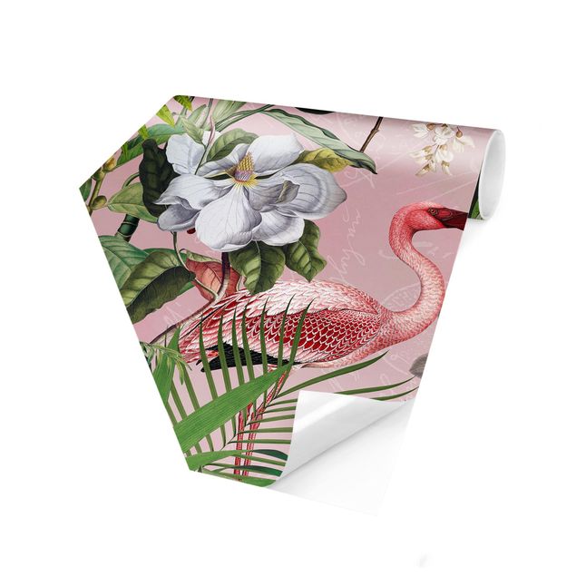 Moderne tapet Tropical Flamingos With Plants In Pink