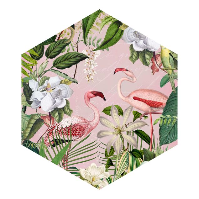 Vintage tapet Tropical Flamingos With Plants In Pink