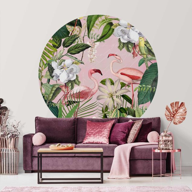 Tapet flamingo Tropical Flamingos With Plants In Pink