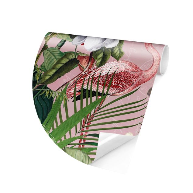 Tapet fugle Tropical Flamingos With Plants In Pink