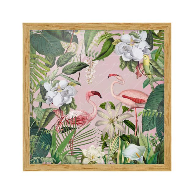 Billeder blomster Tropical Flamingos With Plants In Pink
