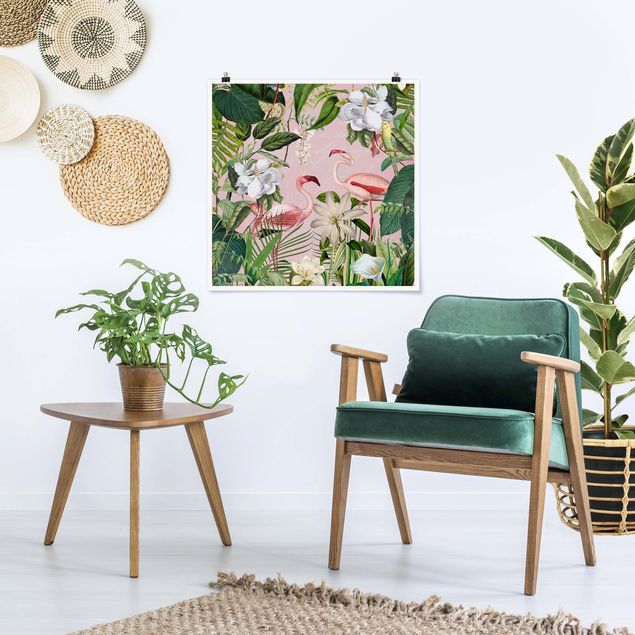 Plakater blomster Tropical Flamingos With Plants In Pink