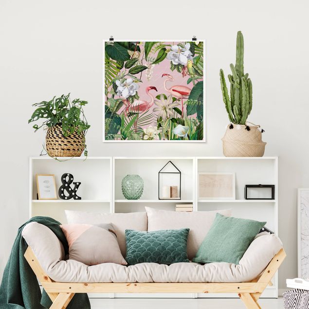 Billeder blomster Tropical Flamingos With Plants In Pink