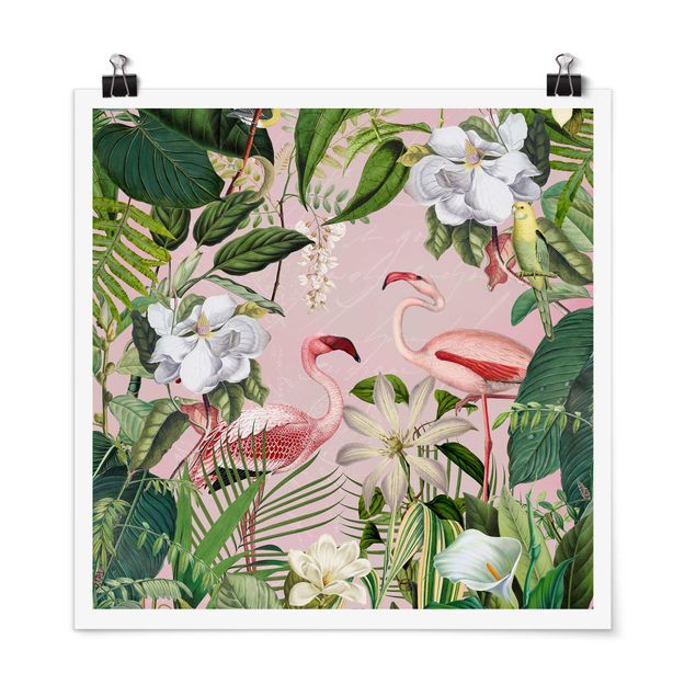 Plakater kunsttryk Tropical Flamingos With Plants In Pink