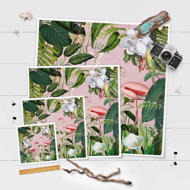 Plakater Tropical Flamingos With Plants In Pink