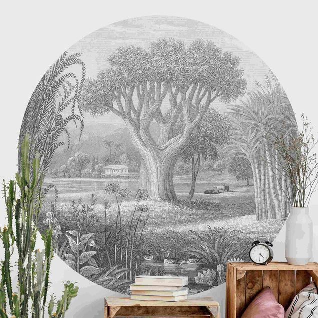 køkken dekorationer Tropical Copperplate Engraving Garden With Pond In Grey
