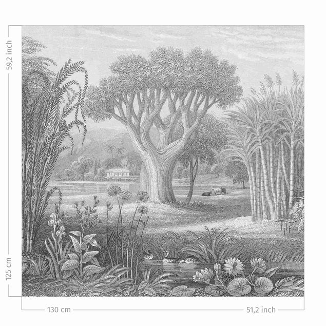 Gardiner efter mål Tropical Copperplate Engraving Garden With Pond In Grey