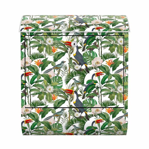 Postkasser dyr Tropical Toucan With Monstera And Palm Leaves