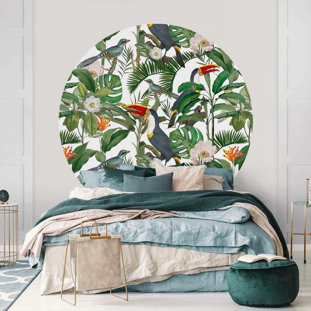 Fugle tapet Tropical Toucan With Monstera And Palm Leaves