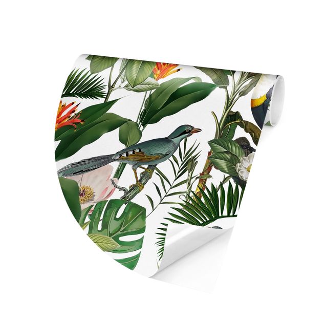 Fototapet blomster Tropical Toucan With Monstera And Palm Leaves