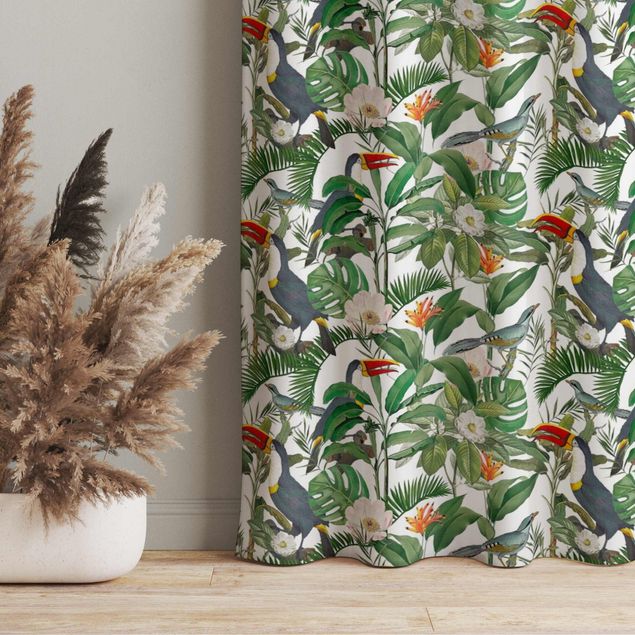 Moderne gardiner Tropical Toucan With Monstera And Palm Leaves
