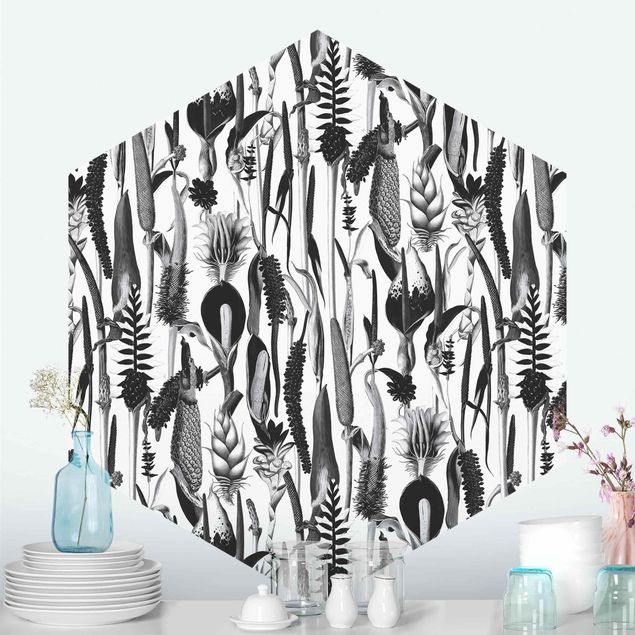 Tapet blomster Tropical Luxury Pattern Black And White