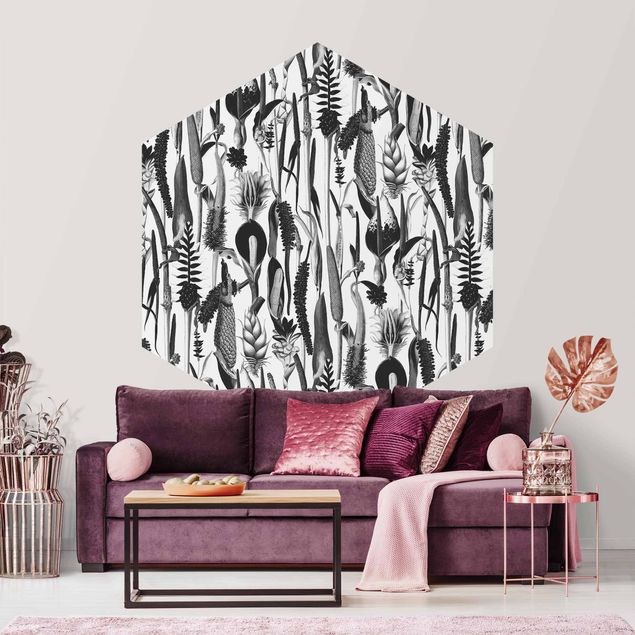 Tapet moderne Tropical Luxury Pattern Black And White