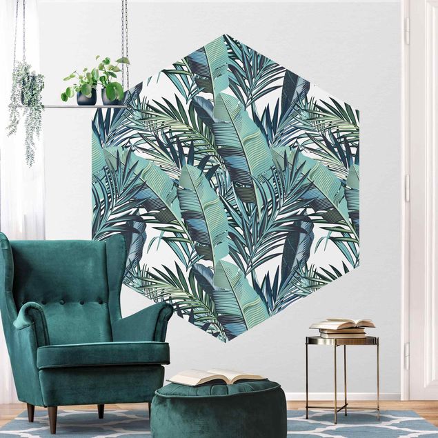 Mønstret tapeter Turquoise Leaves Jungle Pattern