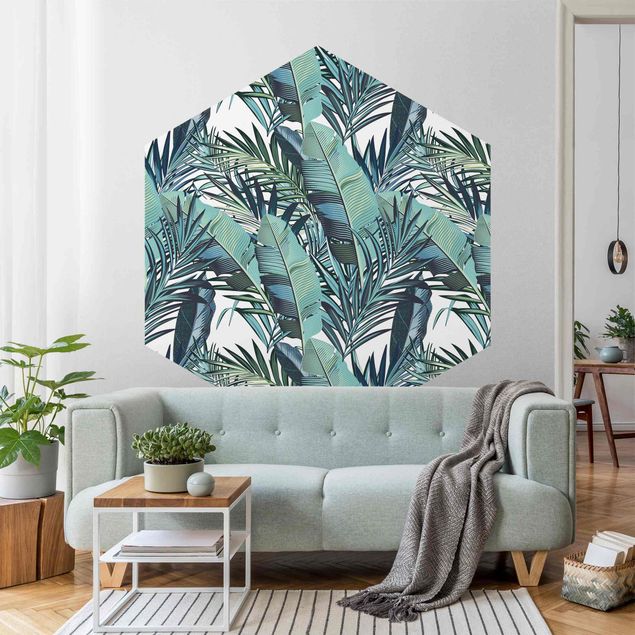 Moderne tapet Turquoise Leaves Jungle Pattern