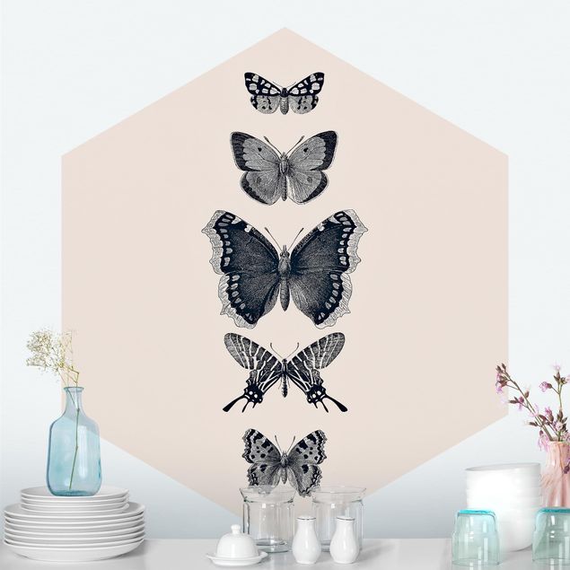 Tapet med sommerfugle Ink Butterflies On Beige Backdrop