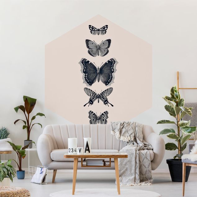 Moderne tapet Ink Butterflies On Beige Backdrop
