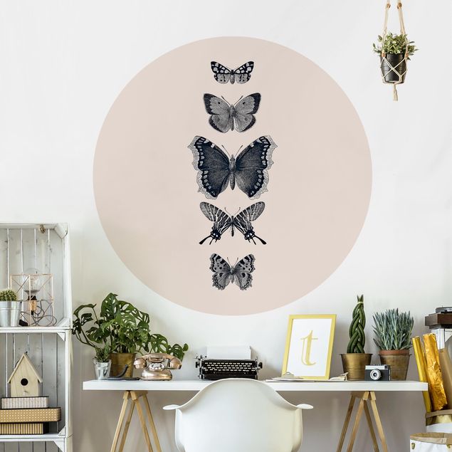 Tapet moderne Ink Butterflies On Beige Backdrop