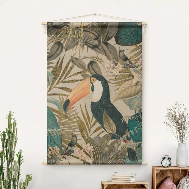 Vægtæppe boho modern Vintage Collage - Toucan In The Jungle