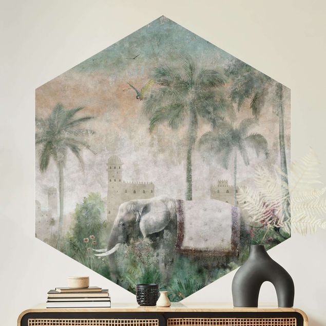 Vintage tapet Vintage Jungle Scene with Elephant