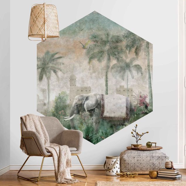 Moderne tapet Vintage Jungle Scene with Elephant