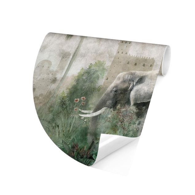 Fototapet grøn Vintage Jungle Scene with Elephant