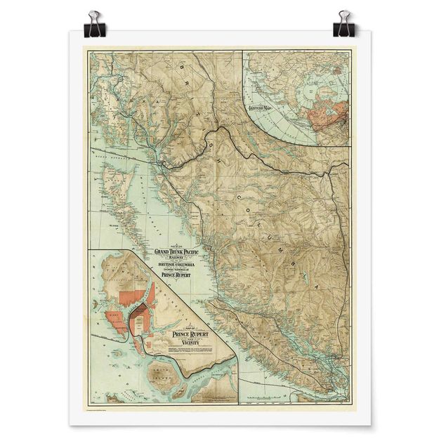 Plakater ordsprog Vintage Map British Columbia