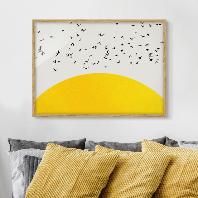 køkken dekorationer Flock Of Birds In Front Of Yellow Sun