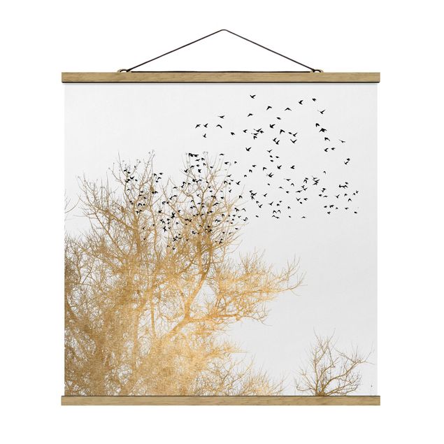 Billeder kunsttryk Flock Of Birds In Front Of Golden Tree