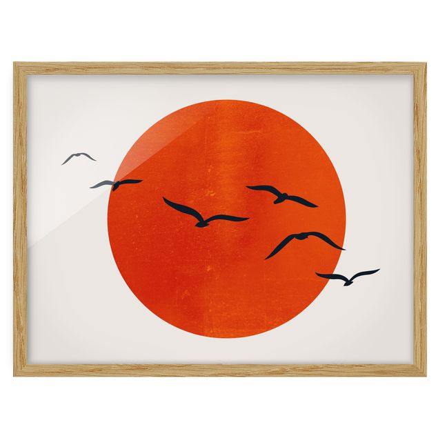Indrammede plakater dyr Flock Of Birds In Front Of Red Sun I