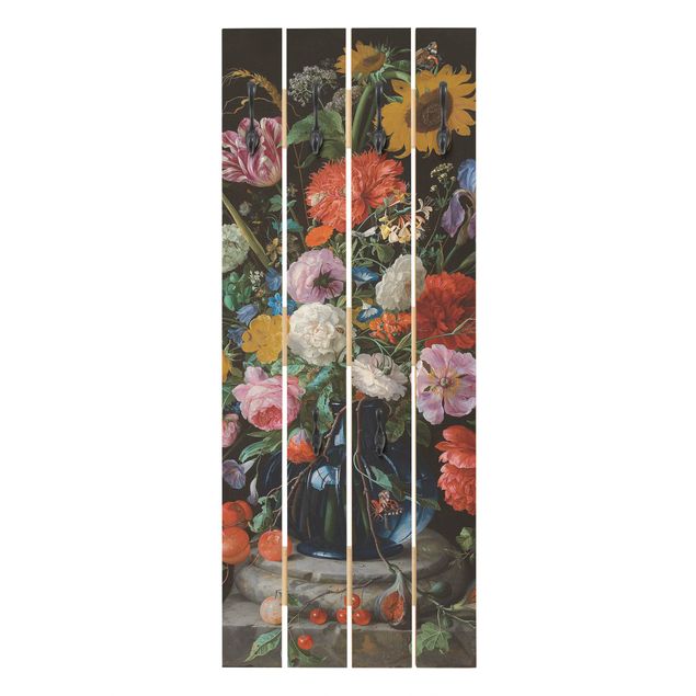 Knagerækker trælook Jan Davidsz de Heem - Tulips, a Sunflower, an Iris and other Flowers in a Glass Vase on the Marble Base of a Column