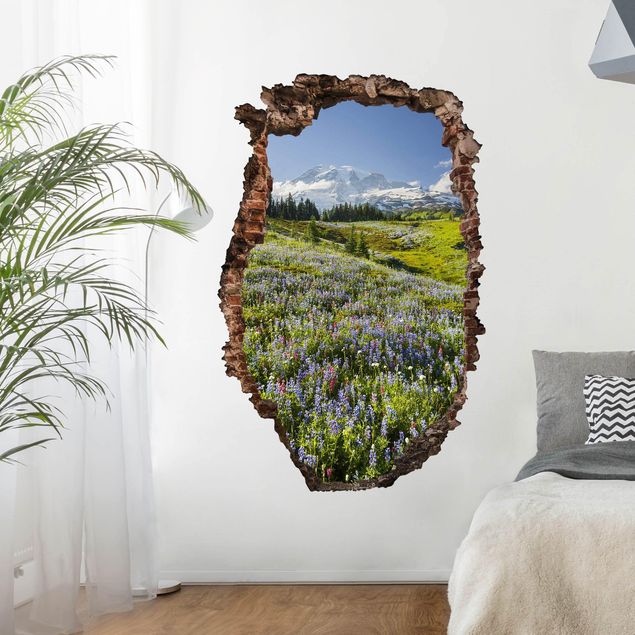 Wallstickers 3D Mountain Meadow With Red Flowers in Front of Mt. Rainier Break Through Wall