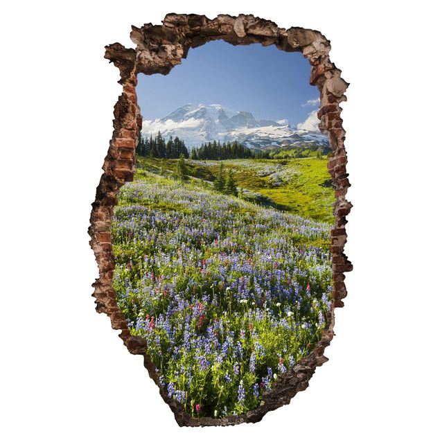 Wallstickers Planter Mountain Meadow With Red Flowers in Front of Mt. Rainier Break Through Wall